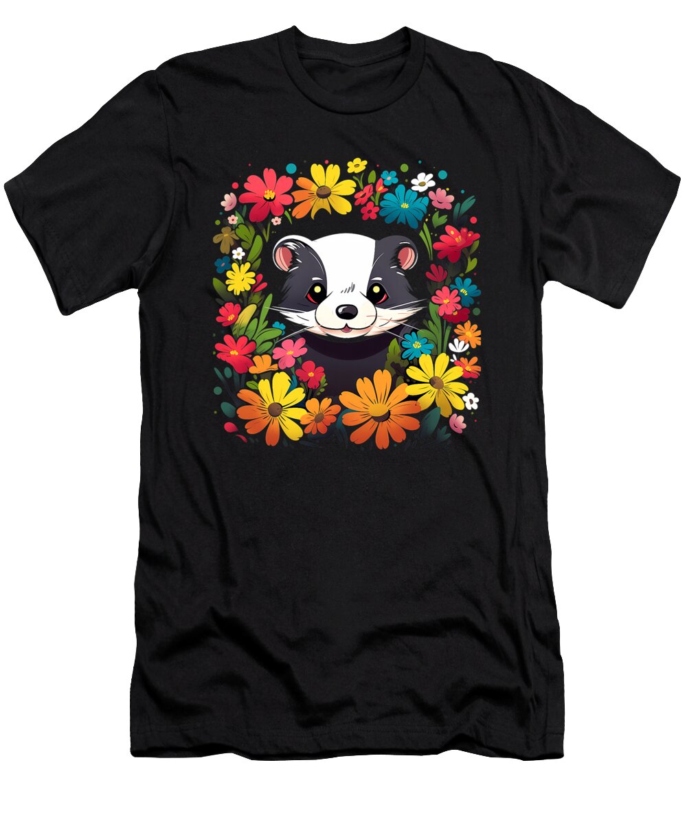 Cute Ferret in a Flower Garden Colorful Floral Animals Black Dhbubble T-Shirt