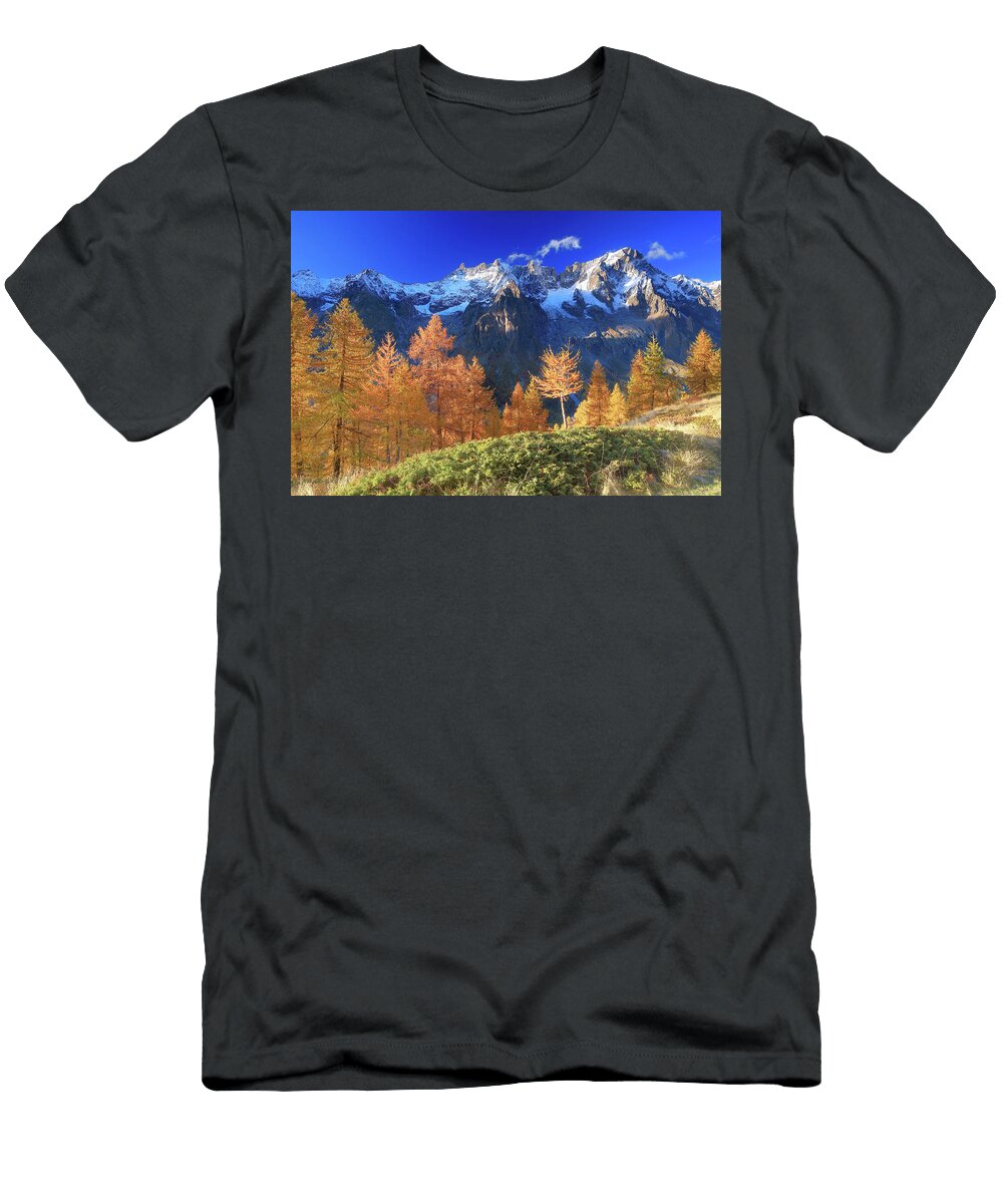 Italy Courmayeur Val Ferret Alps Autumn Larches in the Area of Rifugio Bertone Against the Backdrop of Dent Du Geant and Grandes Jorasses Mont Blanc Group Davide Carlo Cenadelli T-Shirt